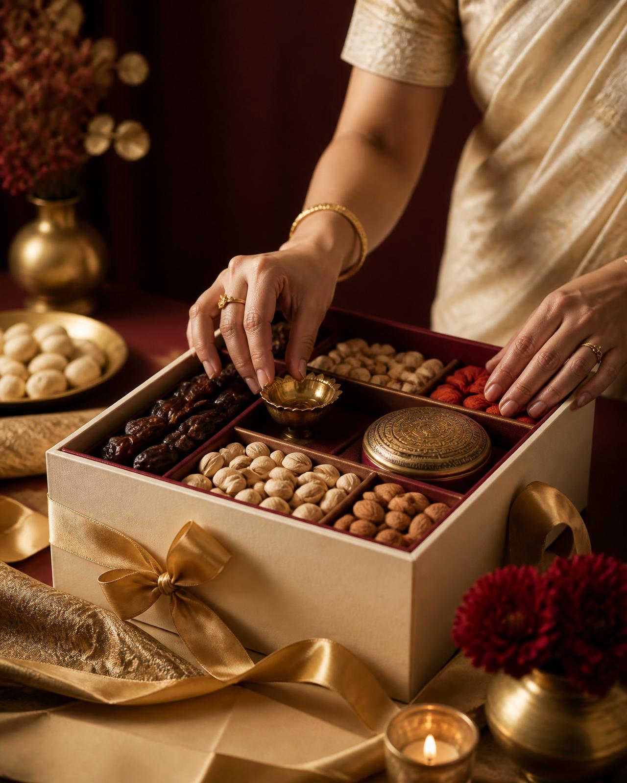 Hands tying a golden ribbon on a Radhe Hampers gift box
